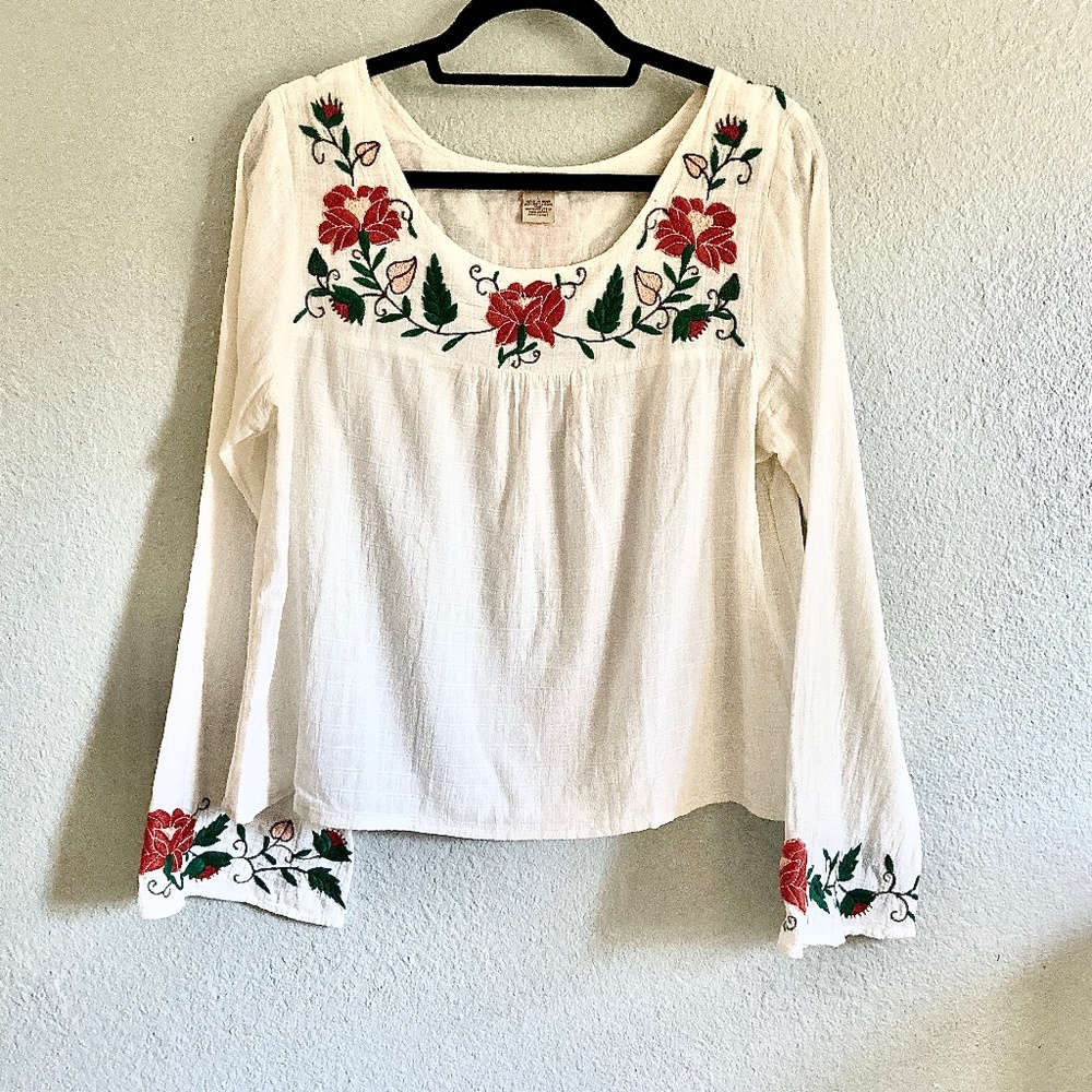 Lucky Brand White Peasant Blouse with Red & Green Floral Embroidery
